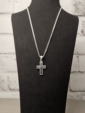 Silver Tone Cross Pendant Curb Chain Necklace Y2K Goth Grunge Unisex